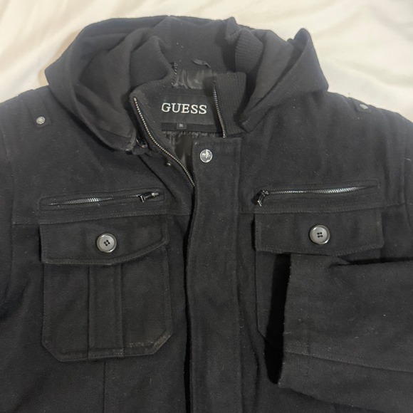 GUESS Mens Hooded Pea Coat Black Quilted Lining Utility Coat XL 111AB633 - Picture 2 of 16